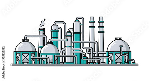Industrial refinery factory illustration showing complex piping systems and storage tanks for chemical processing or energy production in a modern flat vector style on white background.