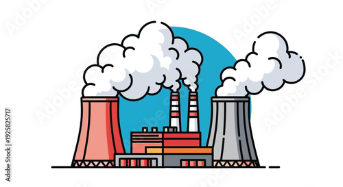 Industrial power plant and factory building with cooling towers and smokestacks emitting steam clouds in a clean flat vector illustration style for energy and manufacturing concepts.