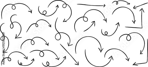 A complex arrangement of curved arrows on a plain white background forming various loops and directional patterns