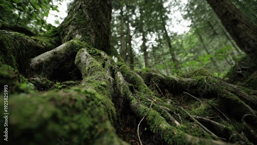 Mossy tree roots in a lush forest