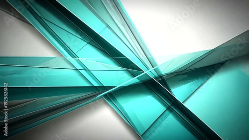 Turquoise translucent planes intersect in a dynamic abstract composition with gray
