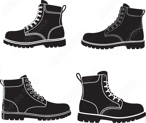 Heavy Duty Work Boot and Military Shoe Silhouette Icons for Industrial Safety Outdoor and Footwear Retail