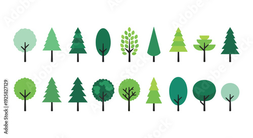 A collection of various green tree icons in different shapes and sizes on a white background, showcasing a range of foliage styles.