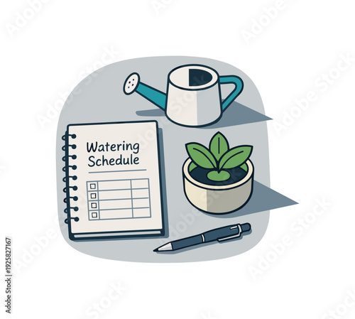 Refined contemporary watering schedule planning concept with essential notebook watering can potted plant and pen subtly offset