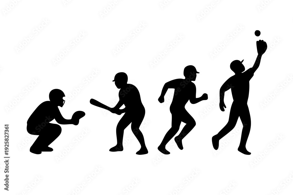 Fototapeta premium Black Silhouette Set of Four Baseball Players in Different Positions Catcher Batter Runner and Fielder for Sports Design, Baseball Player Silhouettes Showing Catcher Batting Running and Catching Poses