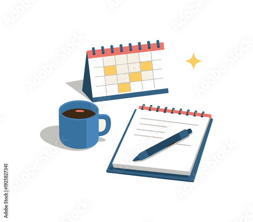 Minimal minimal calendar planning concept with desk calendar notebook pen and cup loosely arranged seen from a top-down angle,