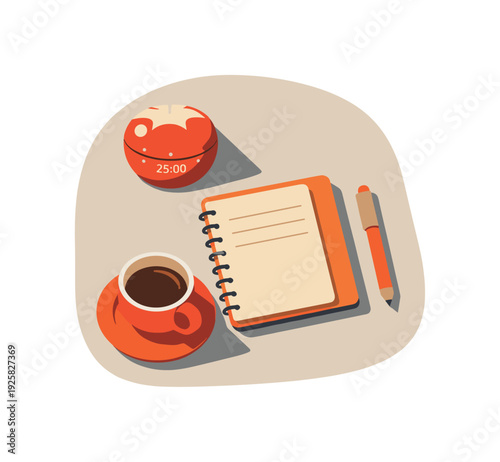 Pomodoro focus session concept with simple timer notebook pen and coffee cup arranged neatly seen from top-down view, positioned