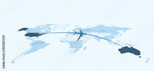 Airplane Route from USA to Australia on World Map.