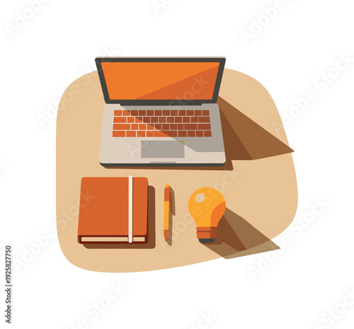 Innovation process workspace concept with simple laptop notebook pen and lightbulb arranged neatly seen from top-down view,