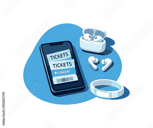 Airy concert night essentials concept emphasizing anticipation and negative space seen in top-down macro perspective, positioned