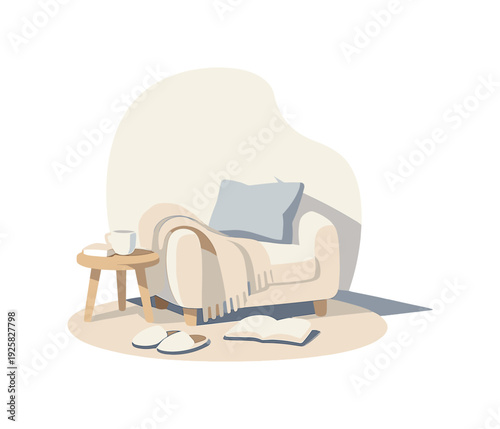 Airy cozy reading nook essentials emphasizing softness and negative space seen in close framing, positioned in the left third of