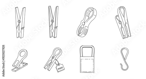 Collection of diverse clothespins and fasteners in a clean minimalist sketch style isolated on a white background