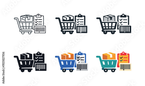 Store inventory symbol illustrating a shopping cart, barcode, box, and clipboard, conveying organized retail stock, product