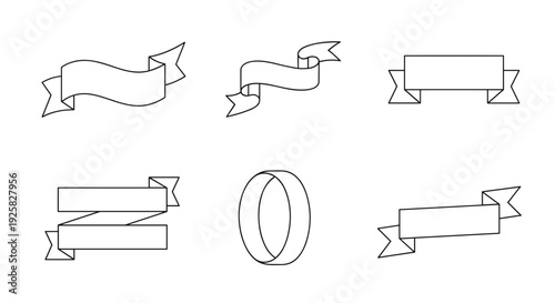 Collection of hand drawn banner and ribbon shapes plus a simple ring outline presented on a clean white background