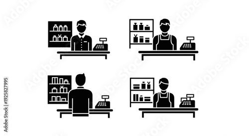 Diverse retail workers at checkout counters with shelves of products representing customer service and commerce