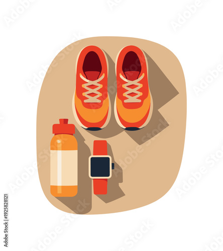 Running preparation essentials with simple running shoes bottle and smartwatch arranged neatly seen from top-down view,