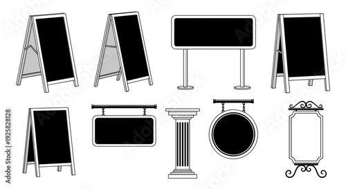 Collection of diverse signboards and display stands including a frame chalkboards hanging signs and decorative pillars