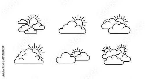 Set of stylized weather icons featuring sun partially obscured by clouds in a clean modern line art style ideal