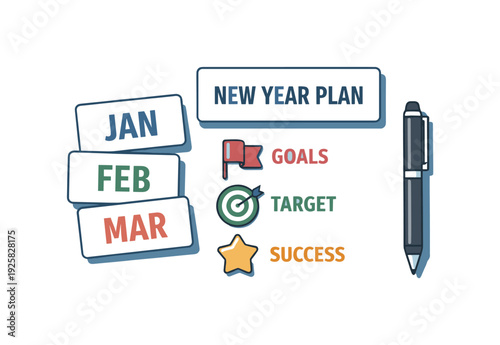 Clean new year planning concept viewed from above with generic calendar cards goal markers and pen aligned clearly, placed in the