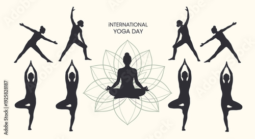 Yoga icon set, International Yoga Day, yoga poses and lotus flower