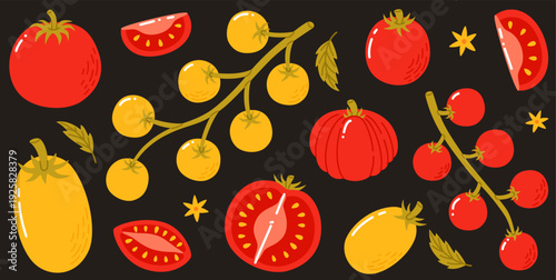 Juicy red and yellow tomatoes on a dark background. Different types of tomatoes.