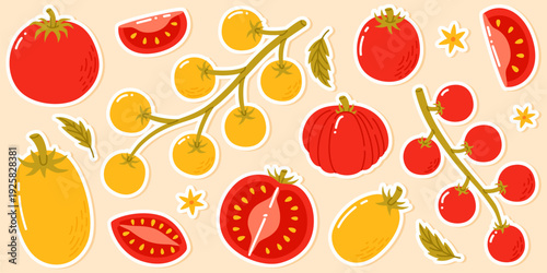 Juicy red and yellow tomato stickers. Different types of tomatoes.