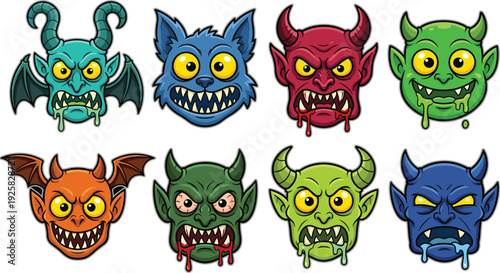 Cartoon demon monster faces collection, colorful scary devil heads with horns fangs and halloween character set