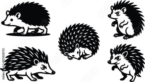 Tattoo flash set of five stylized hedgehog icons in bold black line art various poses close up playful mood
