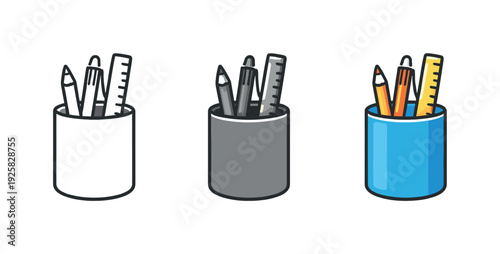 Everyday office scene portrayed as a cylindrical pencil holder cup containing no contents, centered and uncluttered as a single