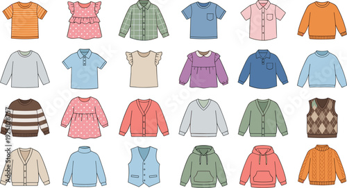 Children clothing collection illustration, colorful kids shirts sweaters hoodies and dresses isolated on white background