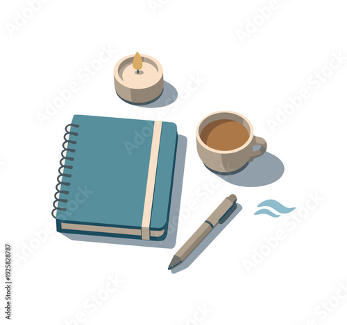 Minimal stress relief desk items concept with notebook candle cup and pen loosely arranged seen from a top-down angle, offset to