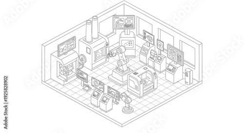 Isometric line art illustration of an automated smart factory interior featuring robotic arms and industrial machinery for high-tech manufacturing and production in a modern facility.