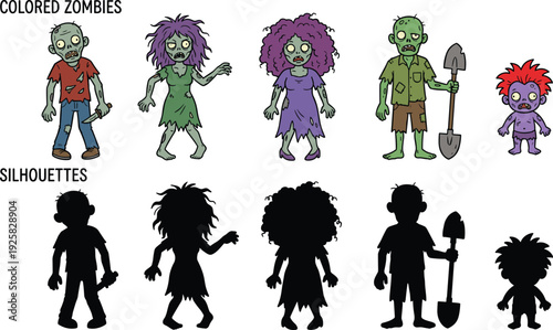 Colored zombie characters and silhouettes set, scary halloween undead cartoon figures with horror monster collection
