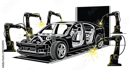 Robotic arms assemble a modern car chassis on an industrial production line in this clean vector illustration highlighting automation and smart factory technology with yellow sparks.