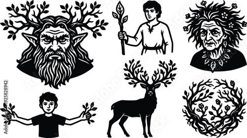 Woodcut style close up green man face and antlered stag with forest woman boy with branches and wreath ornamental composition