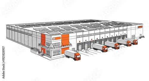 Modern logistics warehouse illustration featuring a large distribution center with solar panels on the roof and delivery trucks parked at loading docks on a white background.