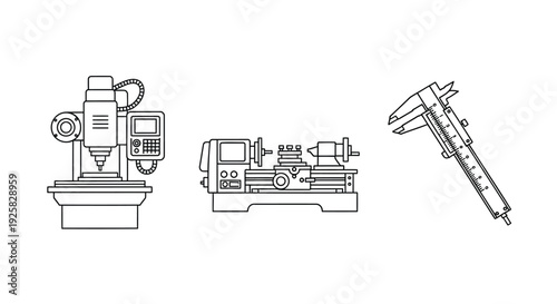Industrial machinery icons featuring a milling machine, lathe, and vernier caliper in a minimalist line art style for manufacturing and precision engineering design projects.