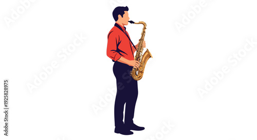 Illustration of a man playing a saxophone in profile with a white background and flat design style.