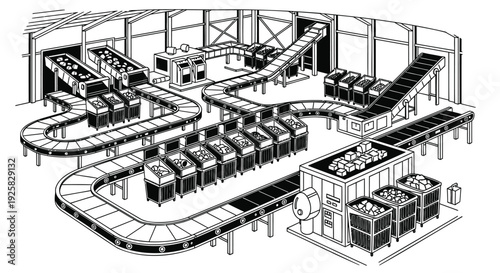 Warehouse conveyor belt system illustration showing an automated logistics facility with sorting bins and industrial machinery in a clean black and white line art style for supply chain concepts.