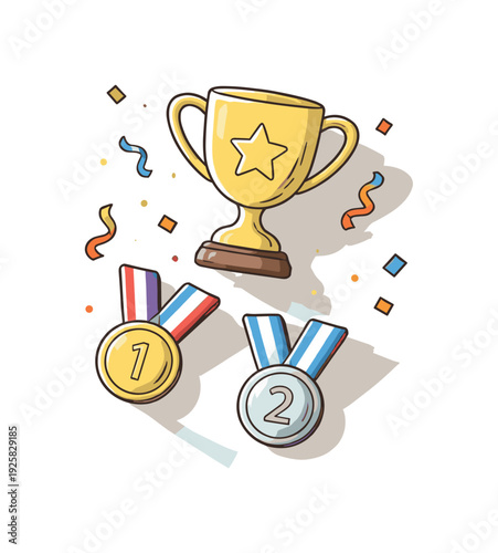 Refined contemporary team victory celebration concept with essential trophy medals and confetti subtly offset and aligned seen