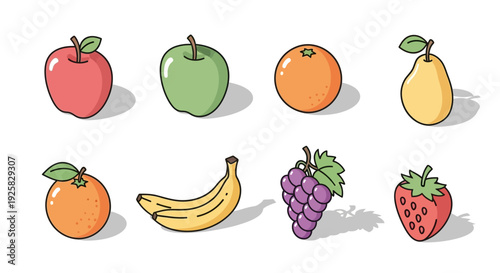 Assorted Fruits in Cartoon Style.