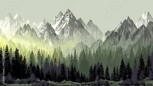 A digitized mountain range rises above a forest of trees, in shades of green and dark colors