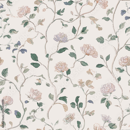 Romantic Rococo Floral Seamless Pattern with Delicate Vintage Flowers and Botanical Branches. Elegant seamless vector pattern featuring delicate hand-drawn flowers and soft botanical branches in a rom