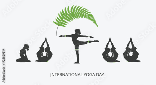 International Yoga Day icon set, yoga poses and leaf, black silhouettes