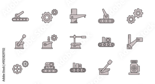 Industrial Machinery Icons Set in Monochrome.