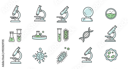 Laboratory Equipment and Microorganisms Icons Set.