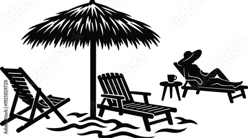 Silhouette vector beach scene with thatched umbrella reclining woman on lounger looking away coffee cup side table sunny relaxed summer