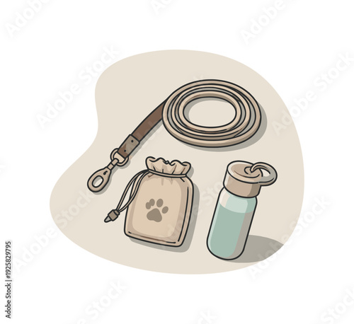 Essential dog walking accessories including a leash, treat bag, and water bottle