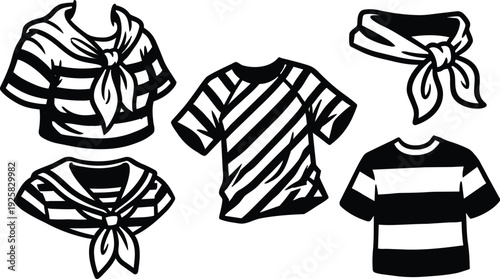 Line art sailor striped shirts and neckerchiefs set close up front and three quarter views flat vector illustration bold strokes