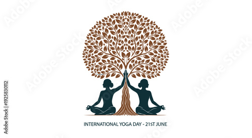 International Yoga Day vector illustration, two people meditating under tree
